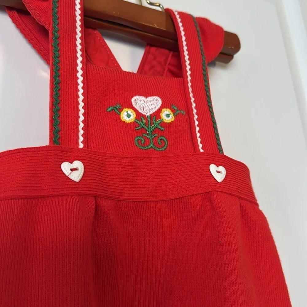 VTG 12m Carters red white heart green stitching baby overall holiday Christmas